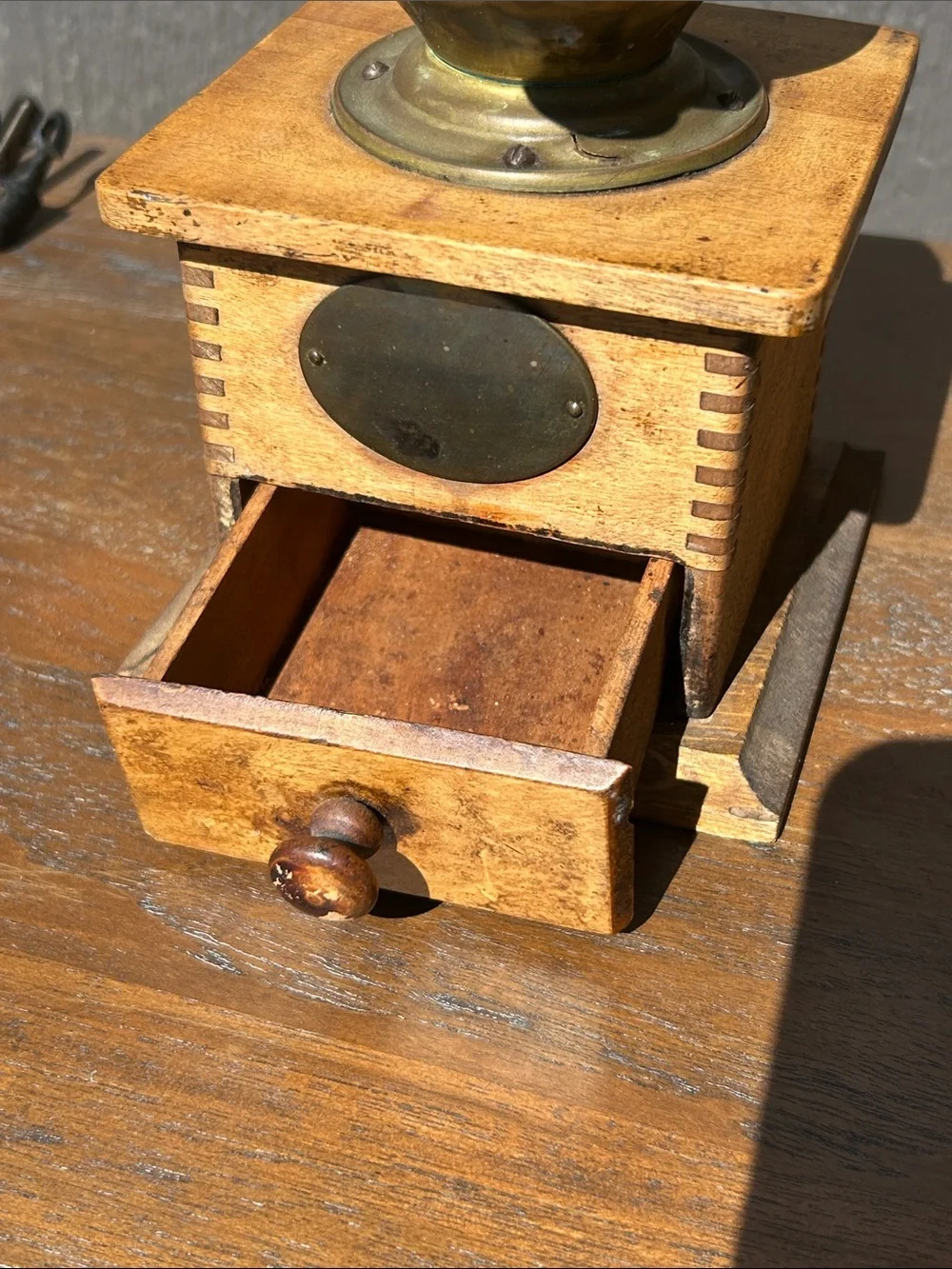 Antique Wooden Coffee Grinder with Brass Hopper
